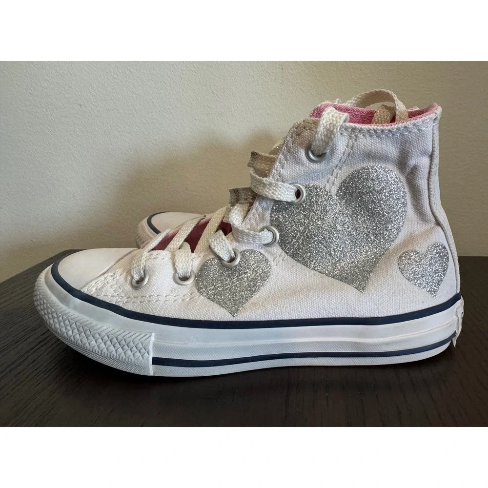 Converse Chuck Taylor All Star girls Size 12 White Silver Glitter Heart High Top